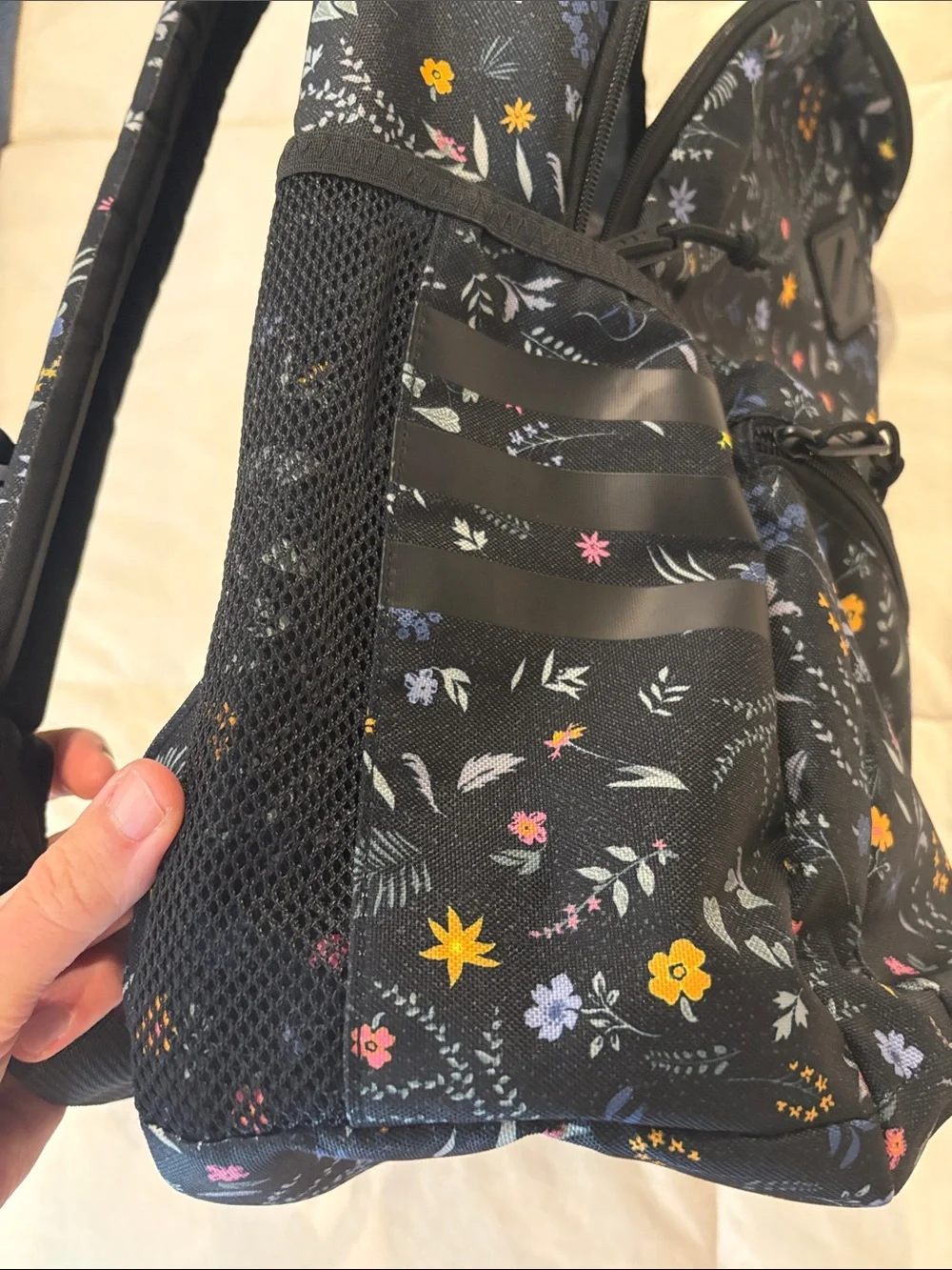 adidas Black Floral Print Backpack with Yellow, Pink and Blue Flowers